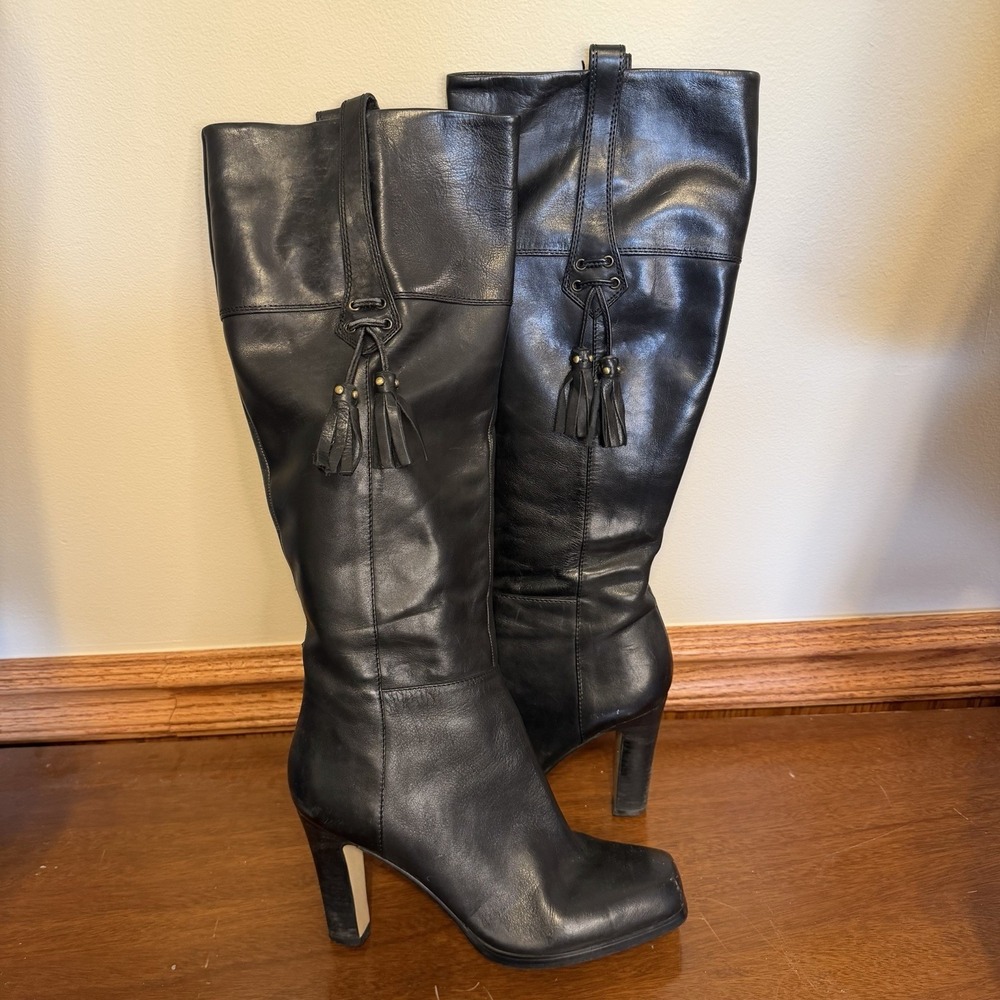 VTG Y2K Nine West Women's Tall Leather Boots Black Fringe 3'' Heel (7M) Boho